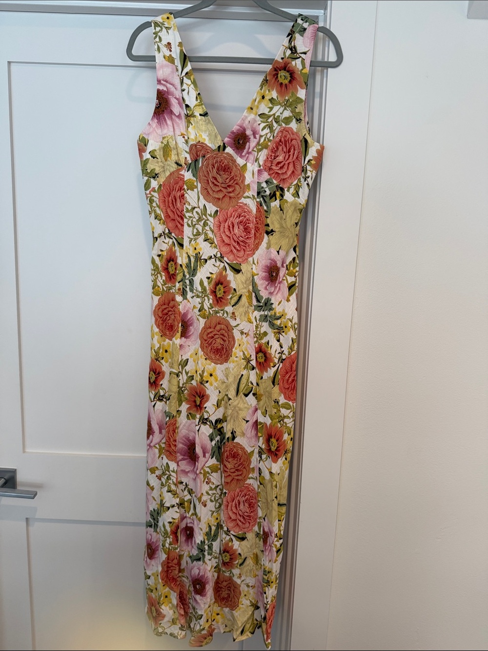 Floral V-Neck Maxi Dress in White with Pink & Coral Blooms